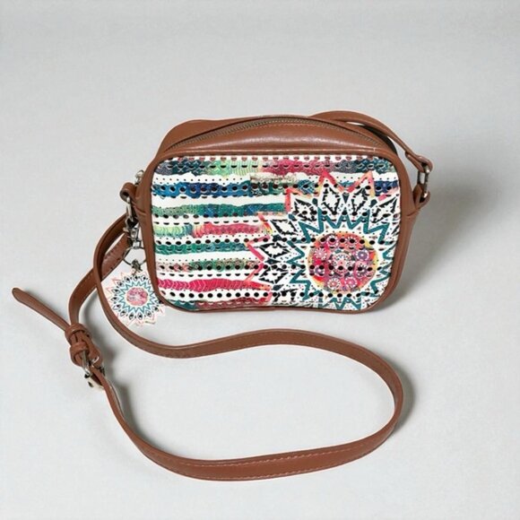 Desigual Handbags - Desigual Charlotte Shoulder Bag Marine Print Perforated Brown Faux Leather Boho